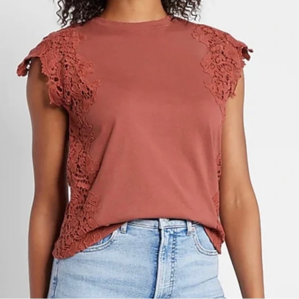 NEW Express Glitter Lace Trim Oversized Boxy Top in Deep Spi…